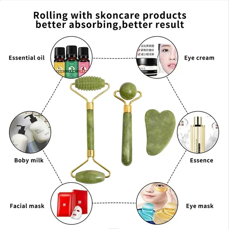 Natural Jade Roller Face Gua Sha Stone Body Neck Massager Acupoint Eye Care Spa Massage Tools Visage Lifting 240911