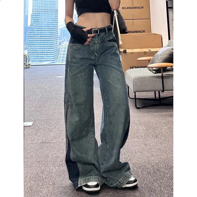 Womens Blue Baggy Y2k Jeans Harajuku Streetwear Aesthetic Denim Trousers Wide Jean Pants Vintage 2000s Trashy Oversize Clothes 240911