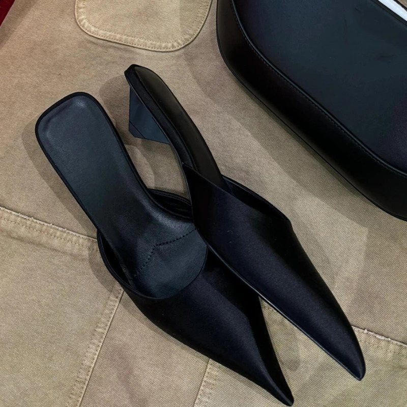 Pointed Toe Slip On Mules Elegant Womens Shoes Brown Satin Low Boots Slippers Womens Summer er Pump Zapatos De Mujer 240919