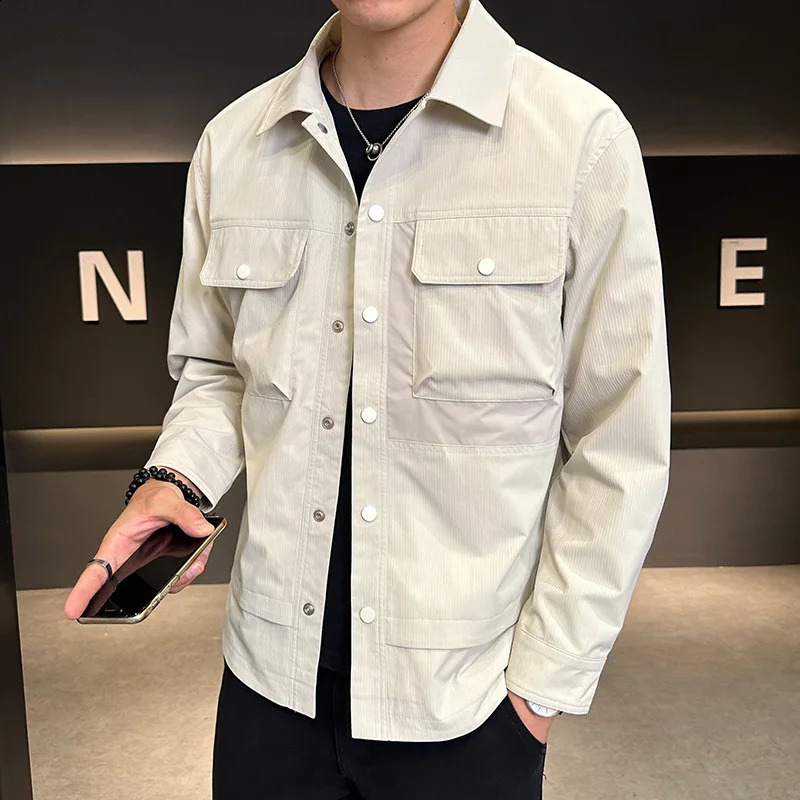 Spring and Autumn Mens Thin Work Jacket Casual Button Down Multi Pocket Bomber Solid Color 240921