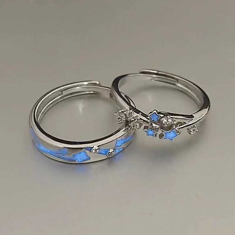 2Pcs Fashion Blue Luminous Star Couple Ring Glow In Dark Fluorescent Zircon Ring Women Men Adjustable Finger Rings Jewelry GiftsX240921