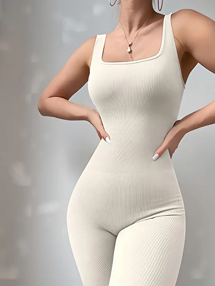 Womens 2-Piece Yoga Jumpsuit Exercise Ribbed Square Collar Sleeveless Vest Sports Jumpsuit 240914