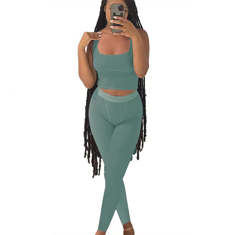 Casual Workout Sets 2 Piece Outfits For Women Ribbed Crop Tank Top High Waist Yoga Leggings Lounge Wear Tracuit