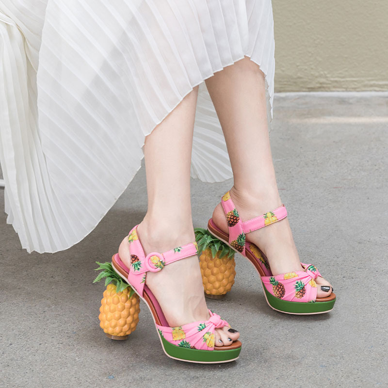 Phoentin Pineapple High Heels Buckle Strap Sandals 2023 Pink Printed Peep-Toe Pumps Summer Platform Shoes Women Novelty Ft919