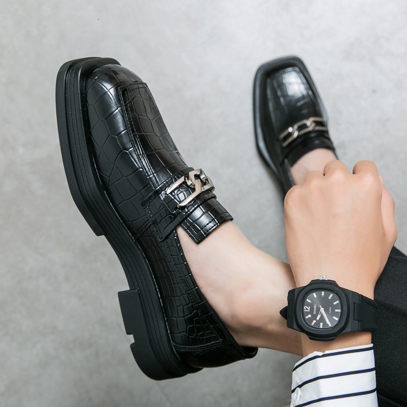 2024 Italy Black Leather Slip-On Oxford Dress Men Square Head Footwear Casual Party Shoes Thick Bottom Loafers