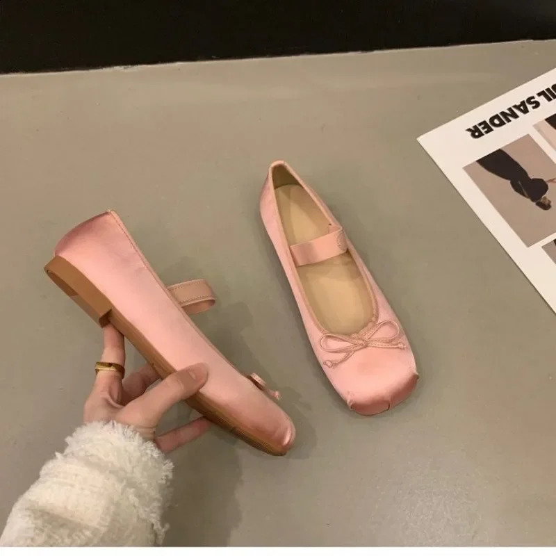 satin ballet shoes for womens classic square toe bow elastic band ballet dancer flat womens soft Loafers 240919