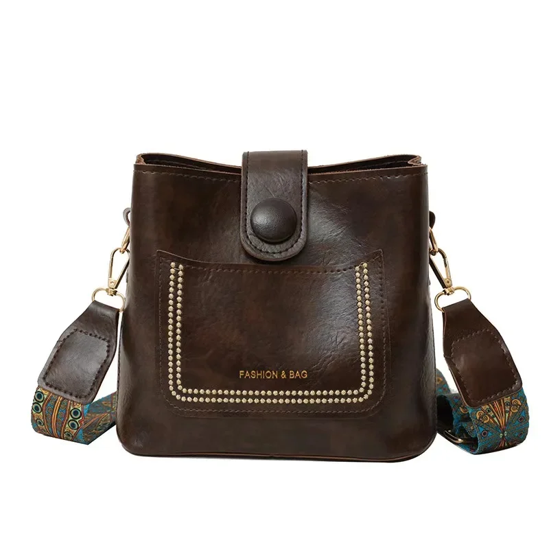 Vintage Simple PU Leather Bucket Crossbody Bags TLXT for Women Luxury Designer Handbag Lady Black Shoulder Bag