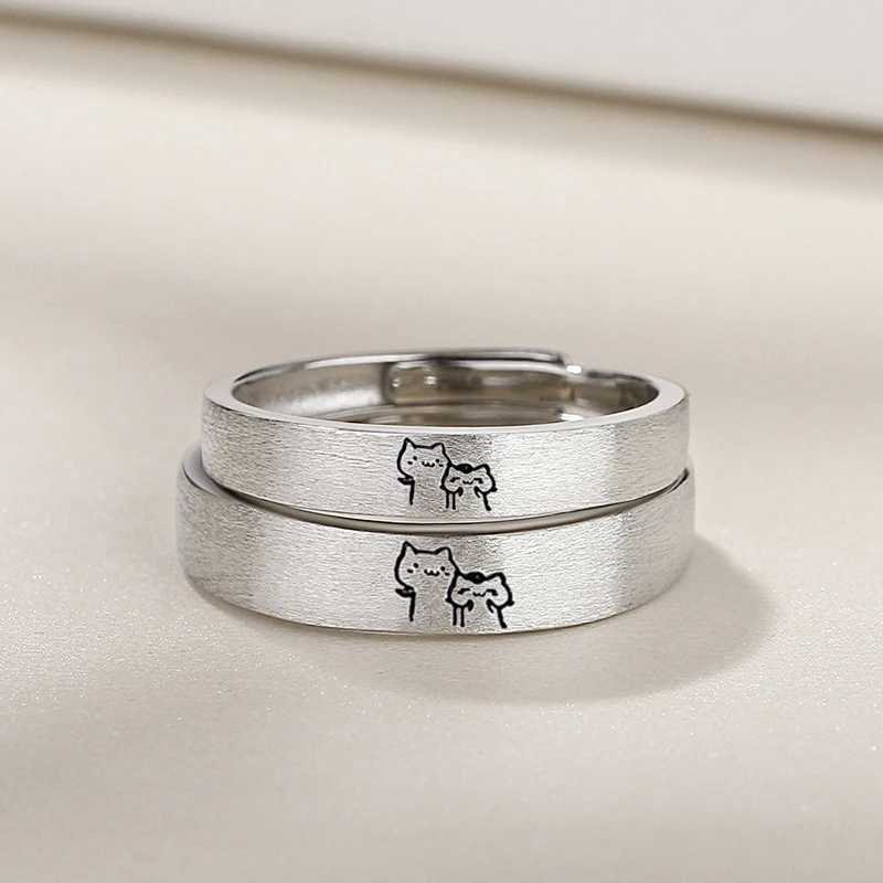 New Couple Rings Cute Sliver Color Cat Open Ring for Women Men Adjustable Finger Rings Romantic Lovers Anniversary JewelryX240921