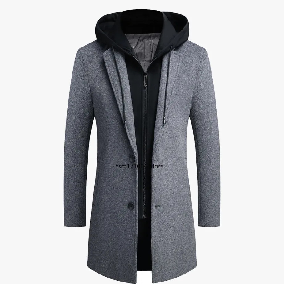 Winter New Men's Business Casual Cashmere Coat Thickened Warm Leave Two Pieces Of Grey Hooded Windbreaker