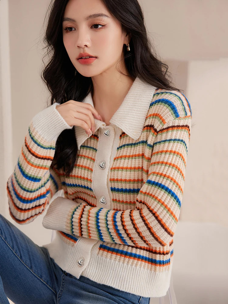 Vintage Color Blocking Rainbow Striped Sweater Womens Loose-fit Turn-down Collar Knitted Top Autumn Harajuku Casual Cardigan 240912