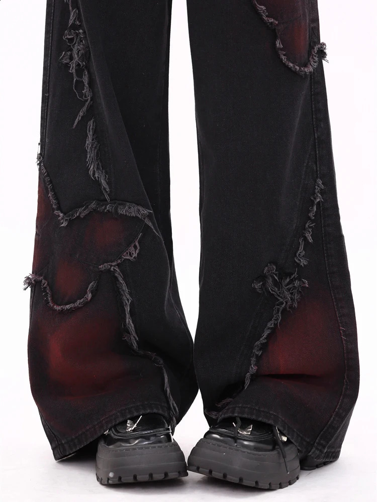 WCFCX STUDIO Womens Black Pocket Jeans Harajuku Y2k Aesthetic Butterfly Denim Korean Retro Wide Leg 240921