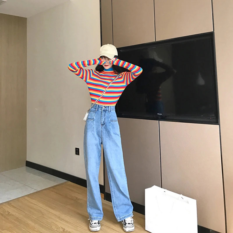 Winter Rainbow Knitted Women Sweaters And Long Sleeve Casual O-Neck Pullovers Sueter Mujer Tops Striped Turtleneck Jumper 240912