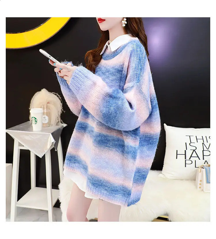 Autumn Winter Women Sweater Rainbow Sweaters Tie Dye Pullover O-Neck Long Loose Striped Female Knit Top Wear 240912