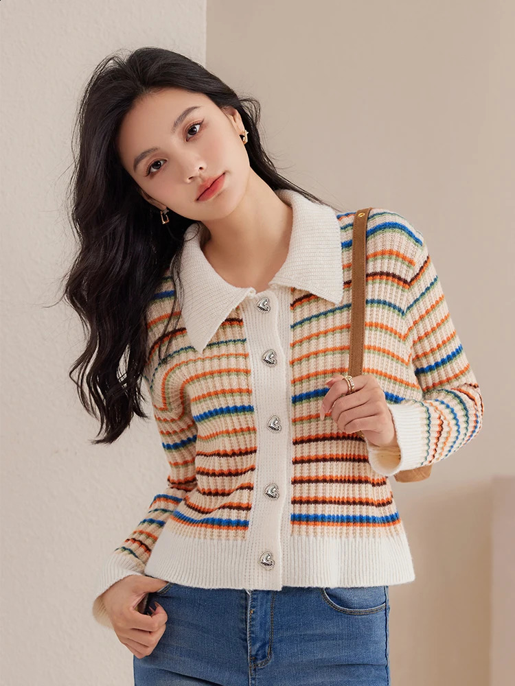 Vintage Color Blocking Rainbow Striped Sweater Womens Loose-fit Turn-down Collar Knitted Top Autumn Harajuku Casual Cardigan 240912
