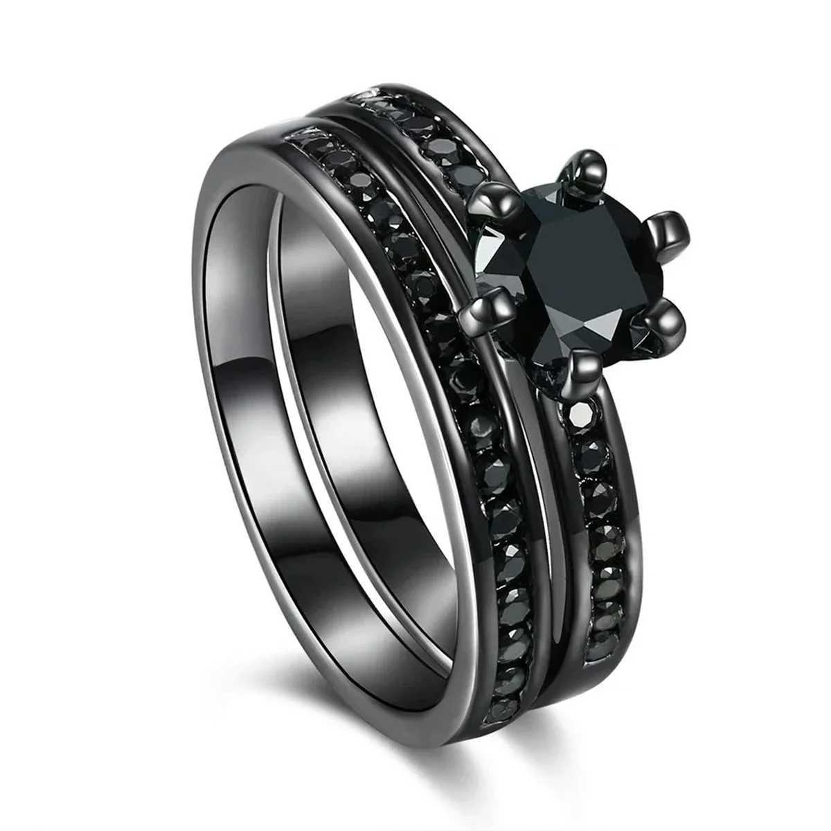 Fashion Couple Rings Exquisite Women Black Rhinestones Zirconia Rings Set Simple Men Stainless Steel Chain Rings Wedding JewelryX240921