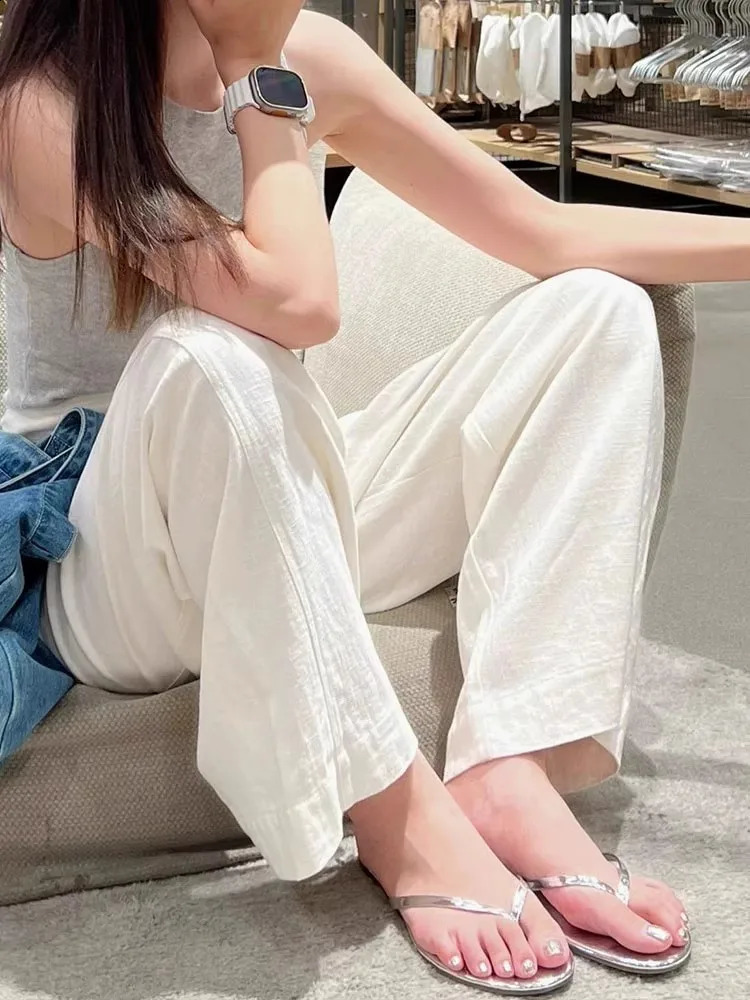 Early Spring Style White Cotton Linen Wide Leg Pants High Waist Drooping Slimming Straight Casual Pants Womens Clothing 240921
