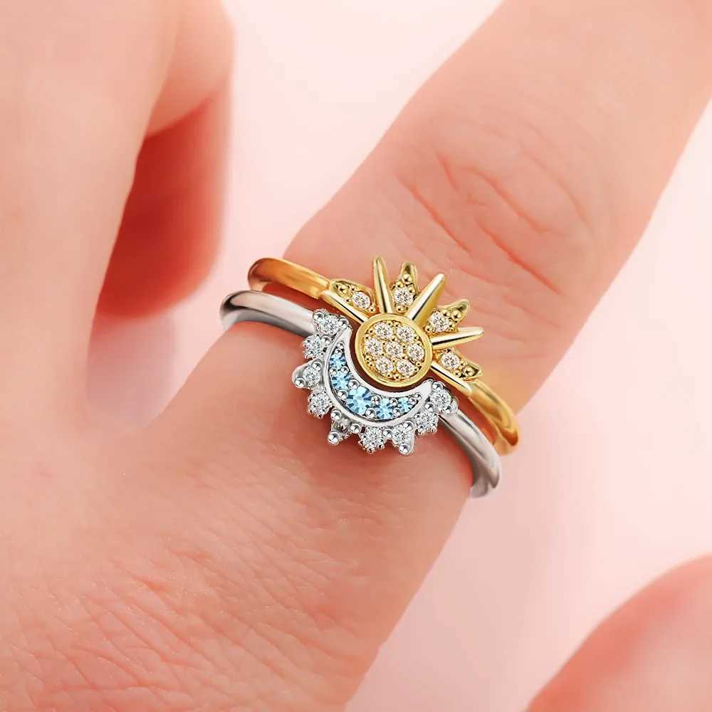 YILUOCD 925 Sterling Silver Sun and Moon Ring Set for Women Sparkling Cubic Zirconia Stackable Rings Promise Couple Fine JewelryX240921