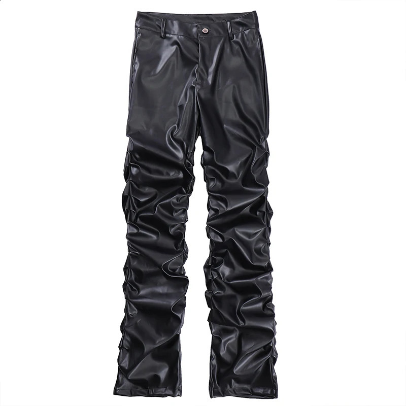 Hip Hop Mens Pleated Pu Leather Pants Harajuku Retro Streetwear Loose Ruched Casual Trousers Straight Solid Color Black Pants 240923