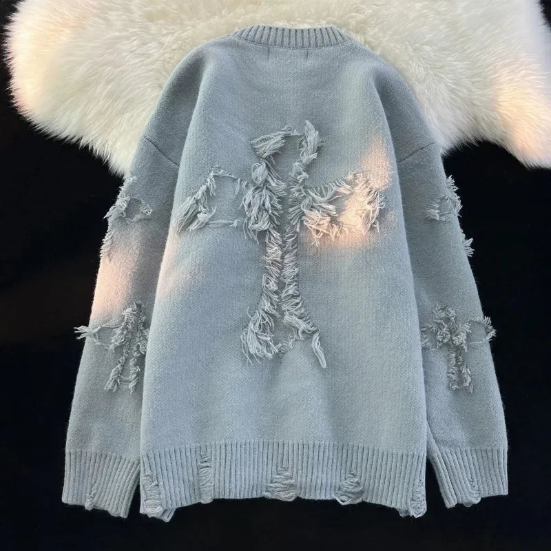 Autumnand y2k Streetwear Men Retro Hole Fringed Sweater Loose Versatile Sweater For Men And Women Long Sleeve Sweater 240923