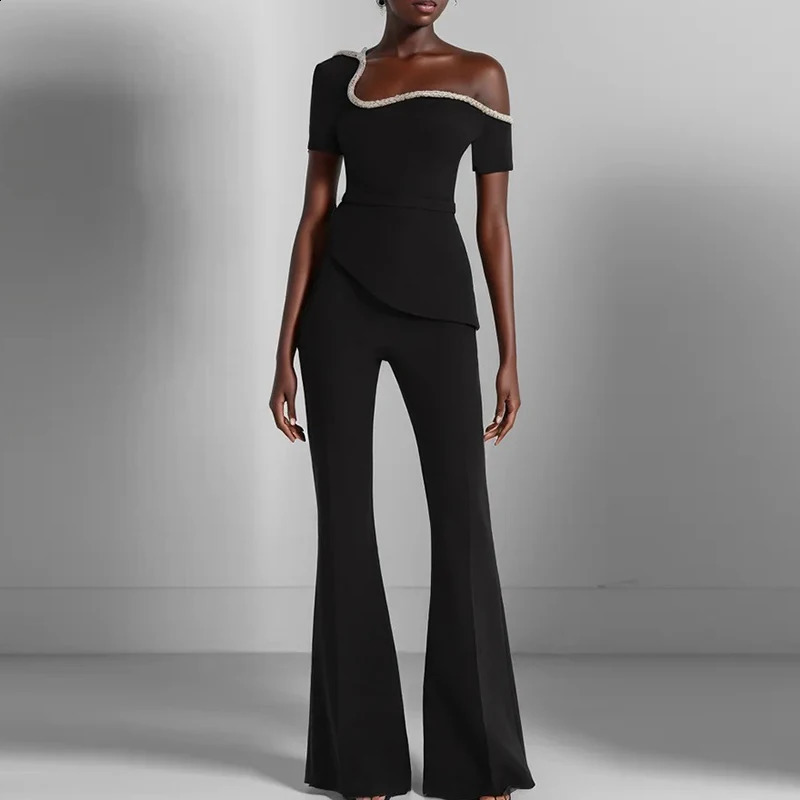 Heat resistant solid combination womens fashionable irregular long shoulder jumpsuit high street short sleeved flash pants onepiece 240918