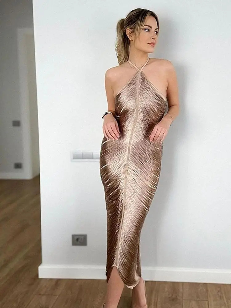 Fashion Tassel Back Slit Halter Evening Dress Women Sexy Off Shoulder Sleeveless Long Dress Female Chic Party Vestidos 240921