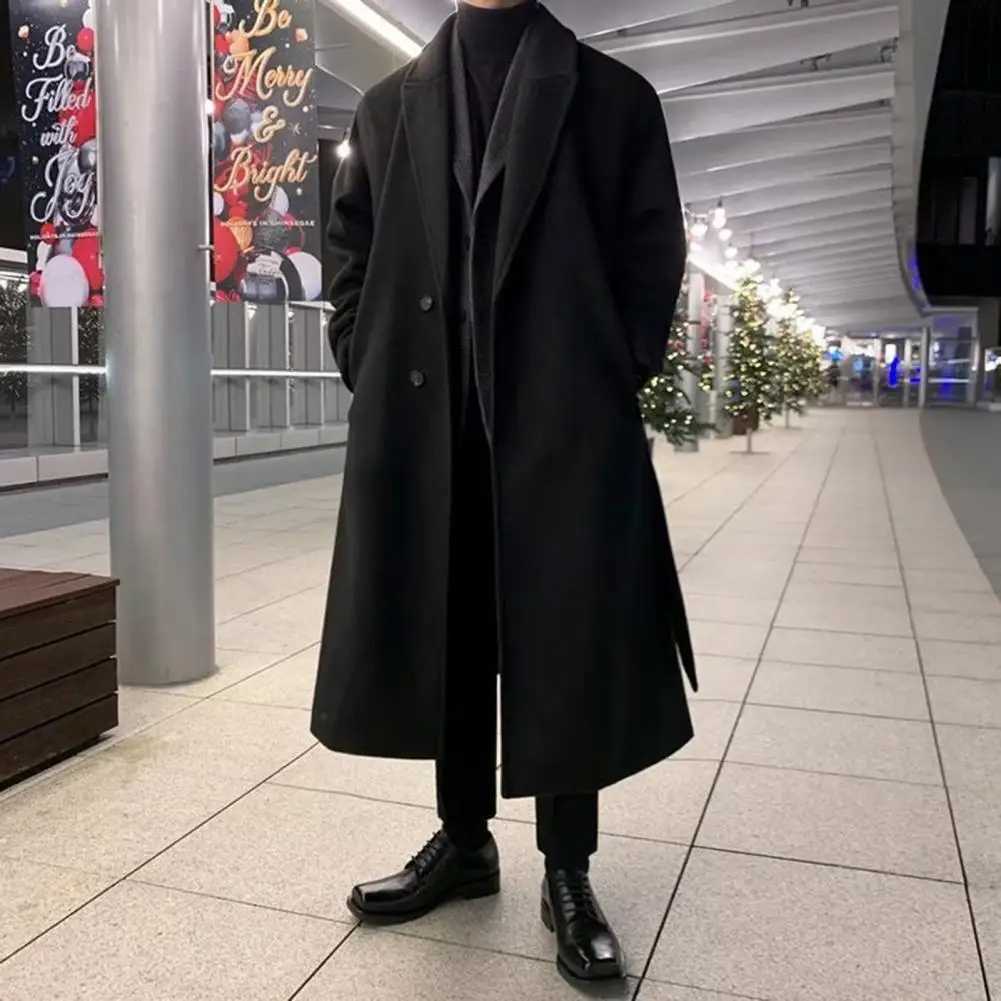 Mens wool coat Korean wool coat mens long wool coat with lapel pockets solid color windproof coat W241211