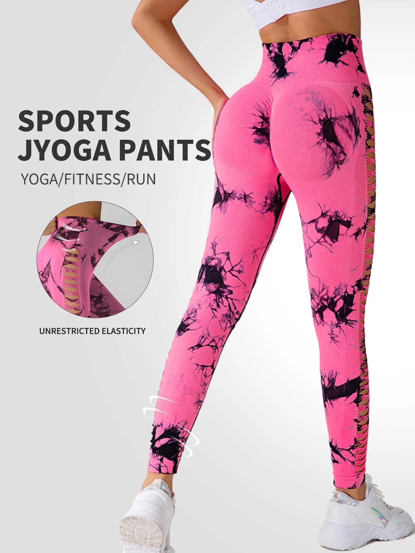 Tie Dyed Hole Cut Out Peach Hip Tight Sports Yoga Pants Exposed To Suspension