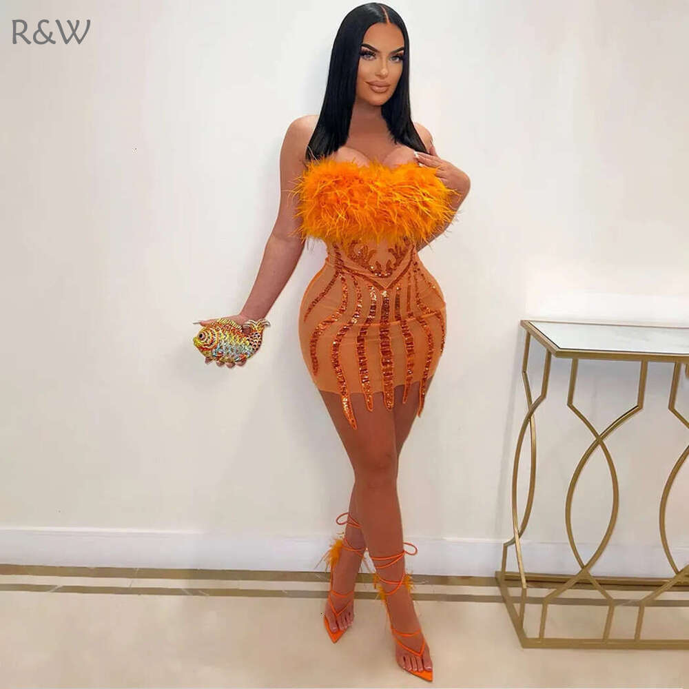 R&W plus size sexy Short Prom Dress Rhie Applique sequined feather Women Birthday Party Gowns Formal Ocn Dresses 2023 veet shiny tail gown