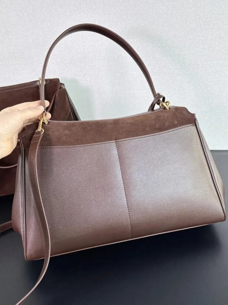 Womens suede leather retro handbag womens work large capacity shoulder splicing belt cross bag 240923