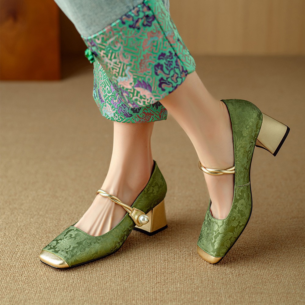 Women Shoes High Heel Fashion Clunky Heel Increase Height Chinese Style Versatile Trendy Pearl Design Triple Black Apricot Green Free shipping