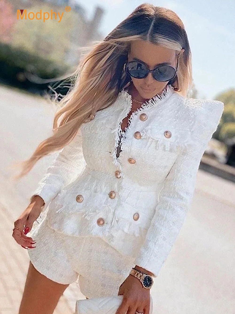 Elegant White Tweed Women Set Singlebreasted Fringed Jacket High Waist Shorts Suit Fashion Celebrity Party Sets 2023 Fall 240921