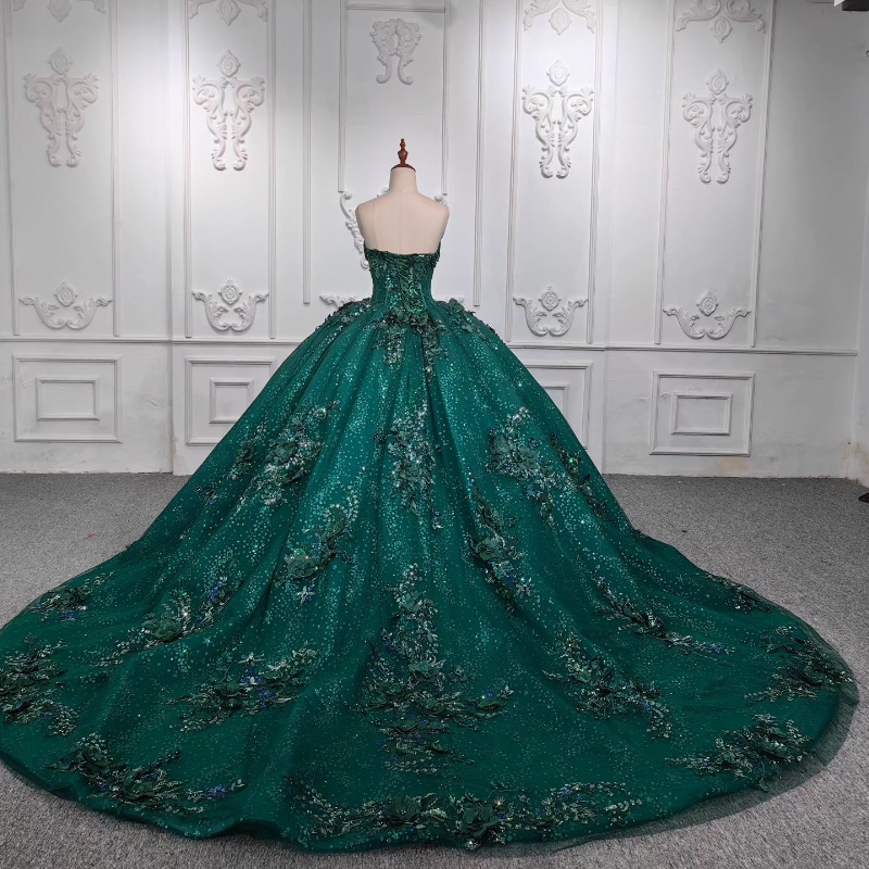 Blackish Green Ball Gown Quinceanera Dresses Off The Shoulder Sequined Appliques Flower Beads Crystal Tull Vestidos De 15 Anos Sweet 16 Dress