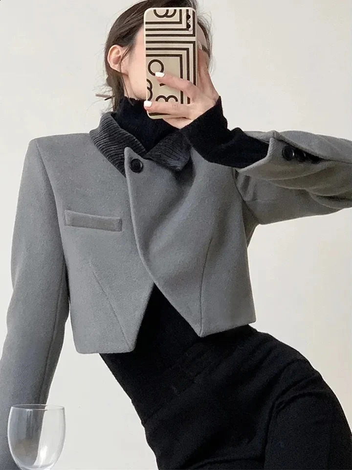 Zoki Vintage Streetwear Cropped Tweed Blazer Women Harajuku Grey Short Coat French Long Sleeve Casual Female Y2K Jacket 240918