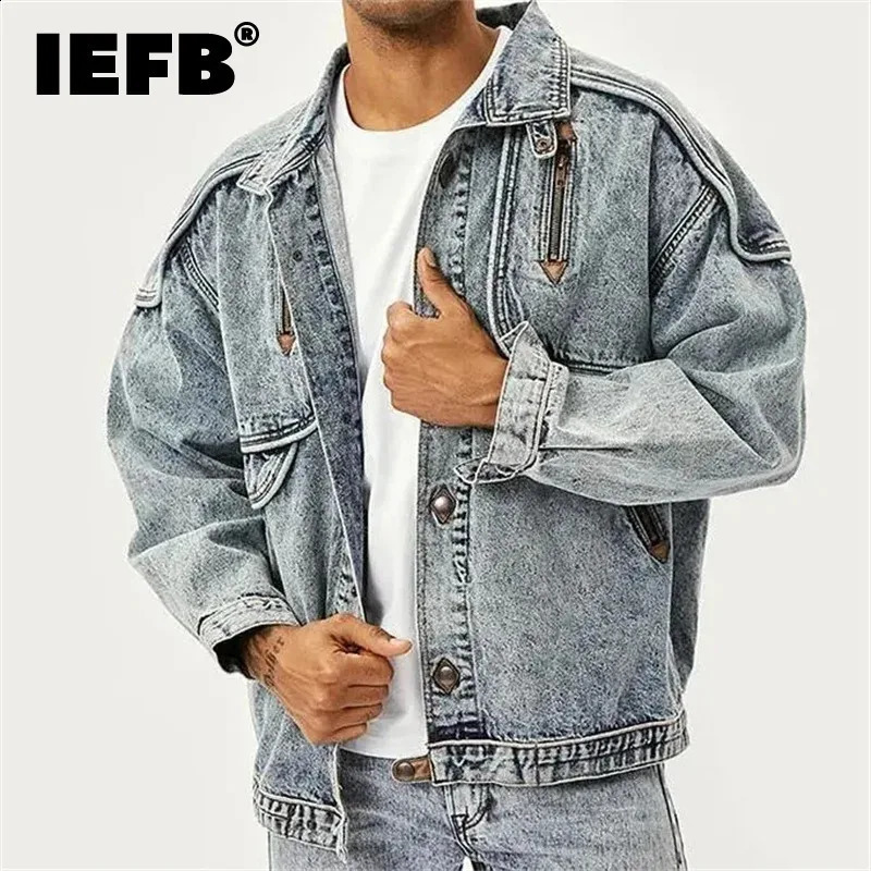 IEFB Autumn Mens Denim Jacket Solid Color Collar US Coat Washing Patch Work Multi Pocket 12A5983 240921