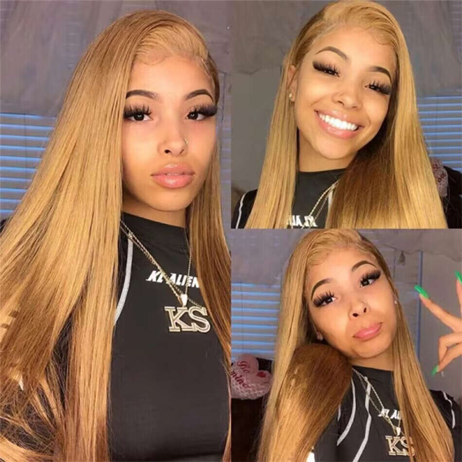 #27 Honey Blonde 13x4 HD Transparent For Women Bone Straight Human Hair Lace Front Wig