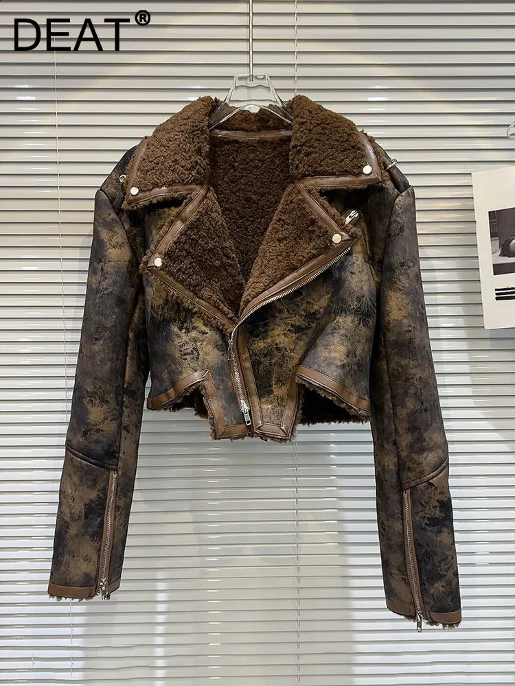 DEAT retro womens tie dye fur lapel PU leather coat winter fashion long sleeved zipper jacket womens 11X6973 240921