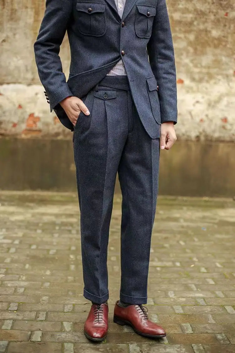 Vintage Gurkha Pants Men England Style High Waist Smart Casual Straight Trousers Autumn Winter Woolen Fashion Naples Suit Pant 240923