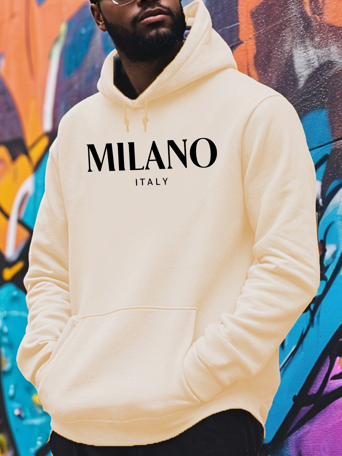 MILANO Italy Letter Print Hoodie - 100% Polyester Knit Fabric with Slight Stretch, Long Sleeve Hooded Sweatshirt, Regular Fit Casual Fleece Pullover f