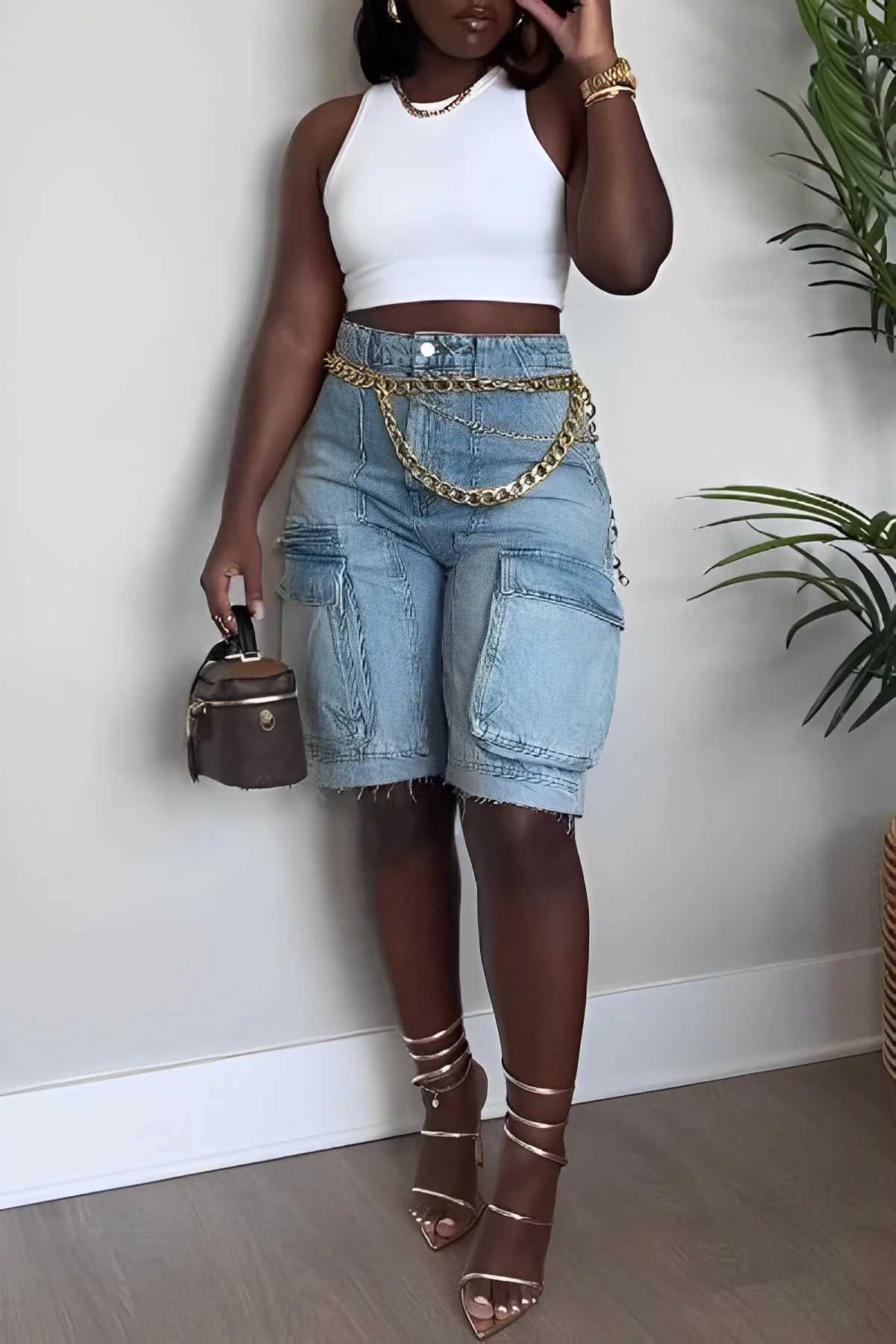 Spring/Summer Womens Denim Cargo Shorts Multi-Pocket Comfortable Casual Loose Solid Color Ladies Quarter PantsX240918