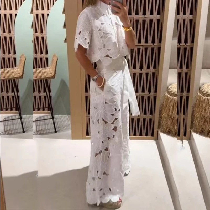 Womens Lapel Short Sleeved Top Lace Up Long Pants 2pc Set Casual Loose Solid Party Suit Summer Fashion Lace Straight Outfits 240921