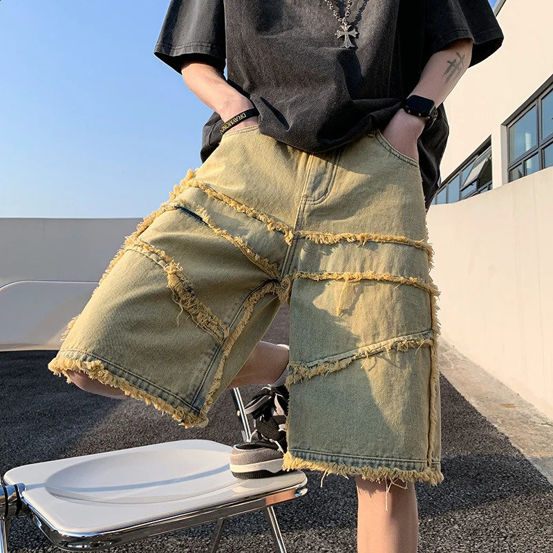 American street mens wide leg denim shorts summer casual bag shorts mens chic burr clothing 240923