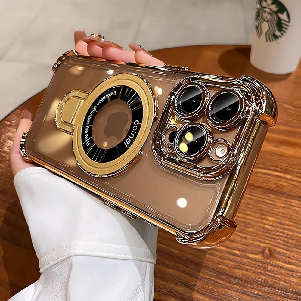 Luxury Four Corners Airbag Bracket Ring Stand Magnetic For Magsafe Wireless Case With Camera Lens Film Shockproof For iPhone 16 15 14 13 12 11 Pro Max
