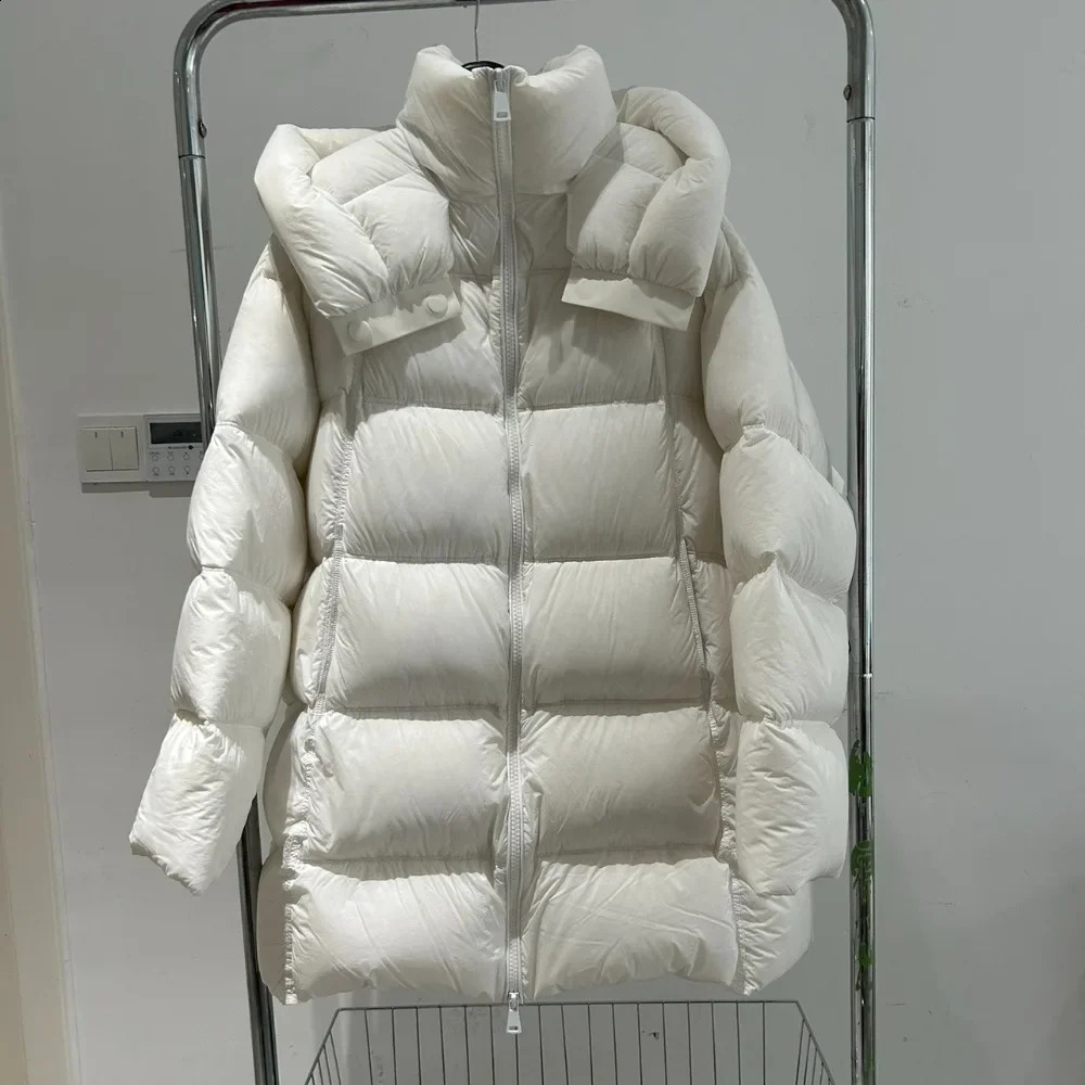 mid length hooded inflatable jacket loose and thick waterproof Parka down womens winter y white duck 240921