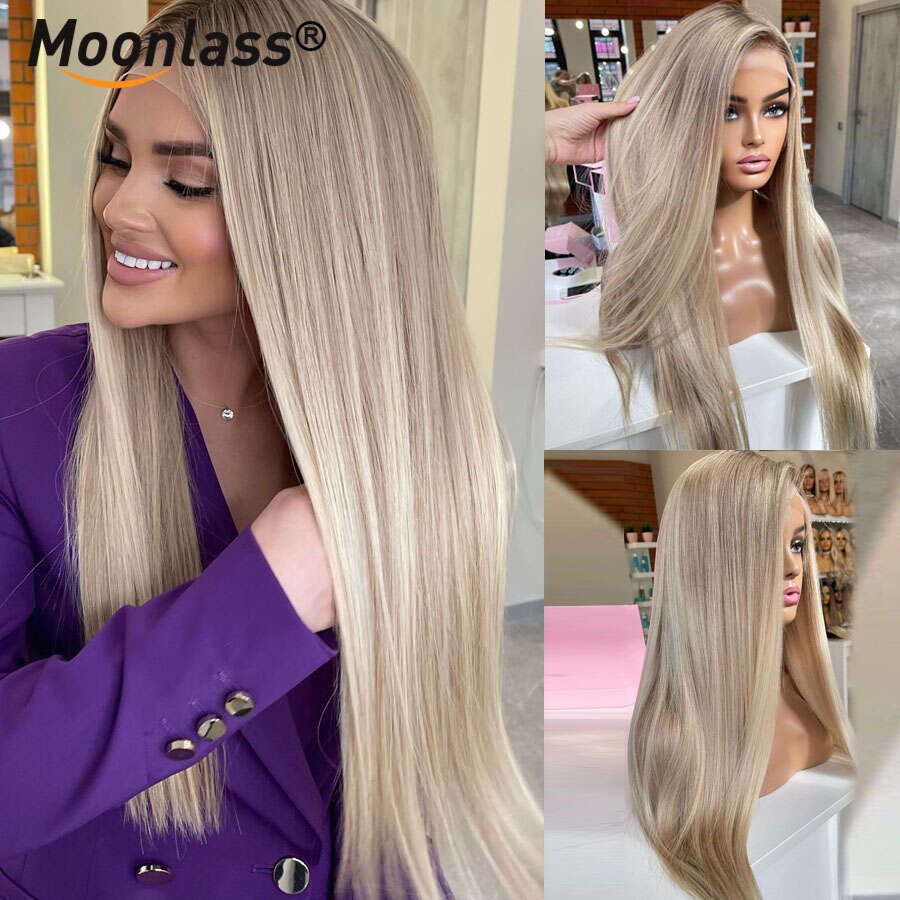 Glueless Highlight Ash Blonde Straight Wig 100% Human Hair 180 Density 13x6 Lace Front Preplucked Natural Remy Wigs
