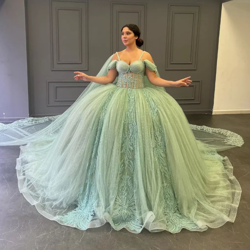 Sage Green Shiny Quinceanera Dresses With Cape Ball Gown Applique Lace Beading Tulle Lace-Up Backless Party Princess Sweet 16 Dress