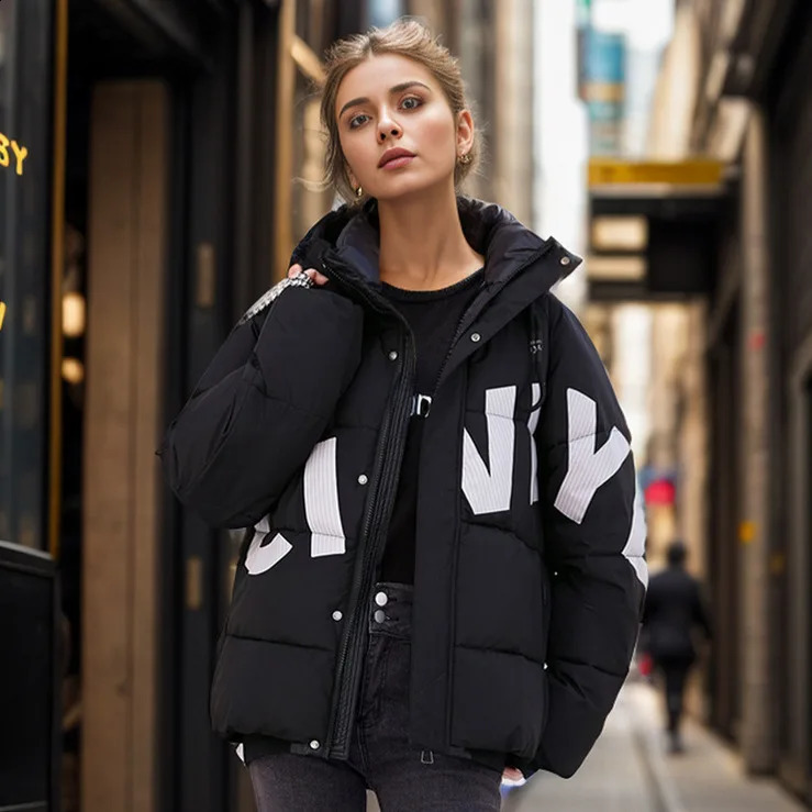 2024 Winter Womens Jacket Female Cotton Padded Printed Letter Thick Wide Bread Jacket Womens Casual Loose Hooded Cotton Jacket 240918