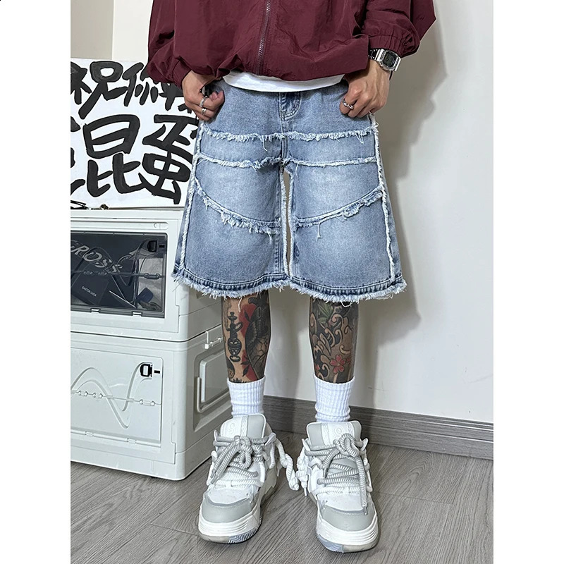 American street mens wide leg denim shorts summer casual bag shorts mens chic burr clothing 240923