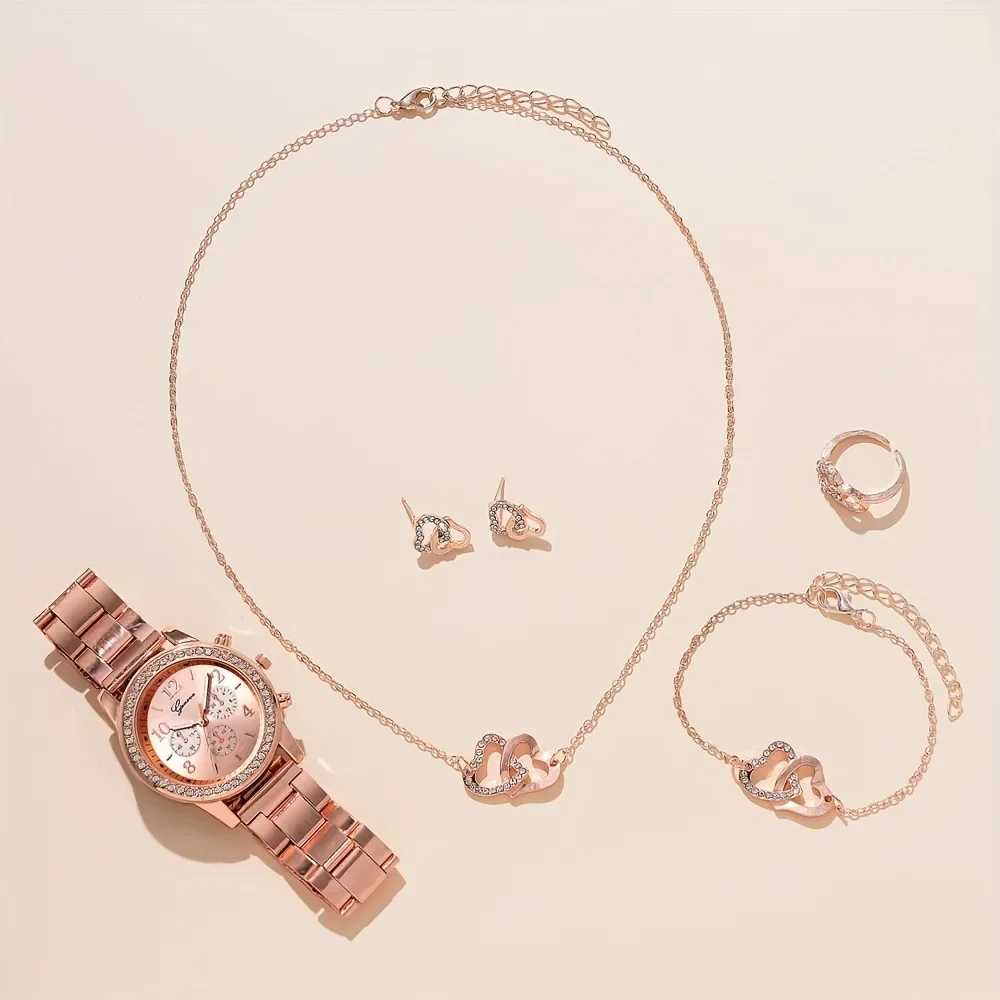 6-piece rose gold luxury womens ring necklace earrings rhinestones fashionable wrist casual womens braceletXJ250304