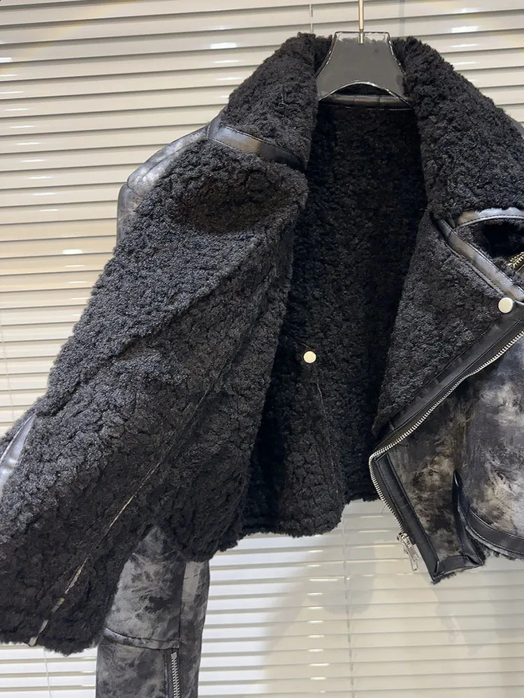 DEAT retro womens tie dye fur lapel PU leather coat winter fashion long sleeved zipper jacket womens 11X6973 240921