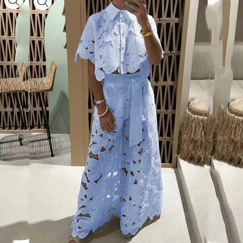 Womens Lapel Short Sleeved Top Lace Up Long Pants 2pc Set Casual Loose Solid Party Suit Summer Fashion Lace Straight Outfits 240921
